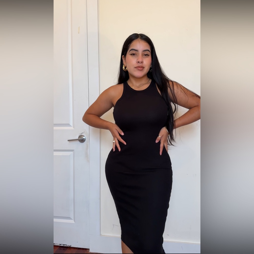 High neck black midi dress